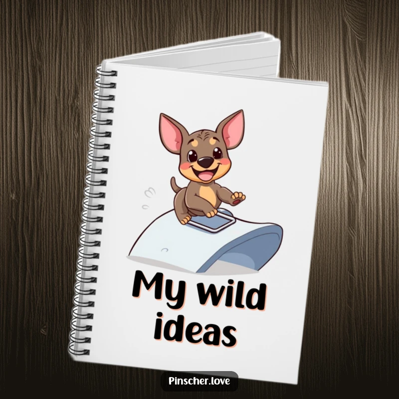Funny notebook with a happy Pinscher dog sliding down a ramp, ideal for notes and sketches, excellent funny gift for dog fans.