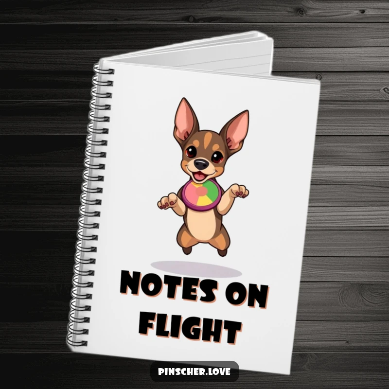 Funny Pinscher notebook cover showing a determined dog poised to leap for a colorful flying disc, perfect for jotting down action plans.