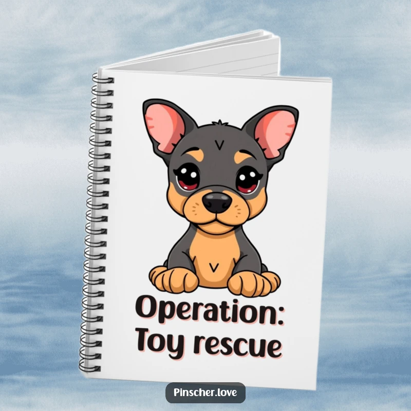 Funny Pinscher Notebook: An alert Pinscher guarding a plush toy, ideal for note-taking with humorous vigilance.