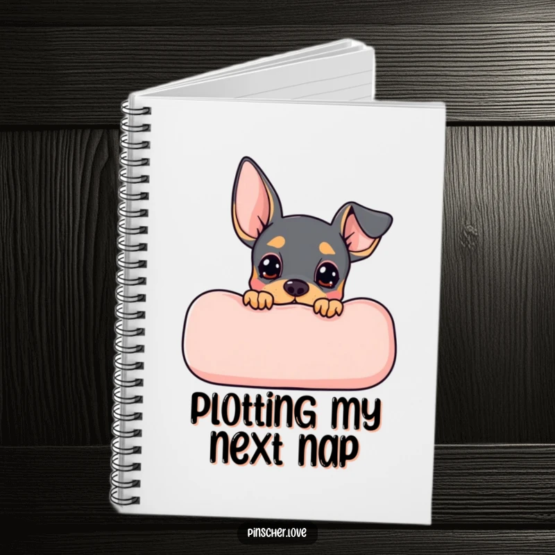 Funny Pinscher notebook featuring a cute dog peeking from behind a cushion with anticipation, perfect for journaling secrets.