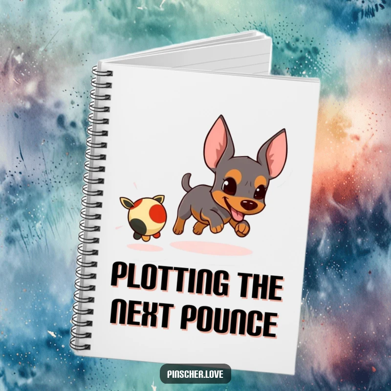 Funny notebook with an energetic pinscher character intently chasing a small, fleeing toy.