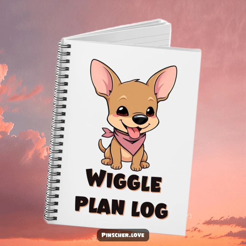 Funny notebook with a pinscher character wearing a tiny bandana, wiggling with pure joy, inspiring cute ideas.