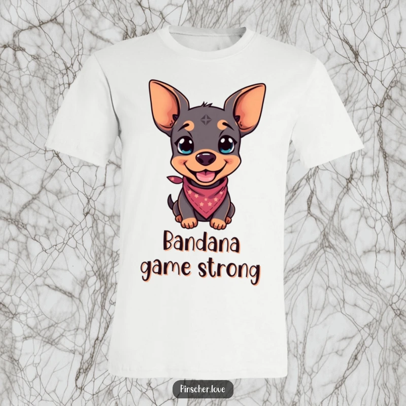 Funny t-shirt featuring a grinning pinscher sporting a tiny bandana, embodying a cool and playful canine attitude.