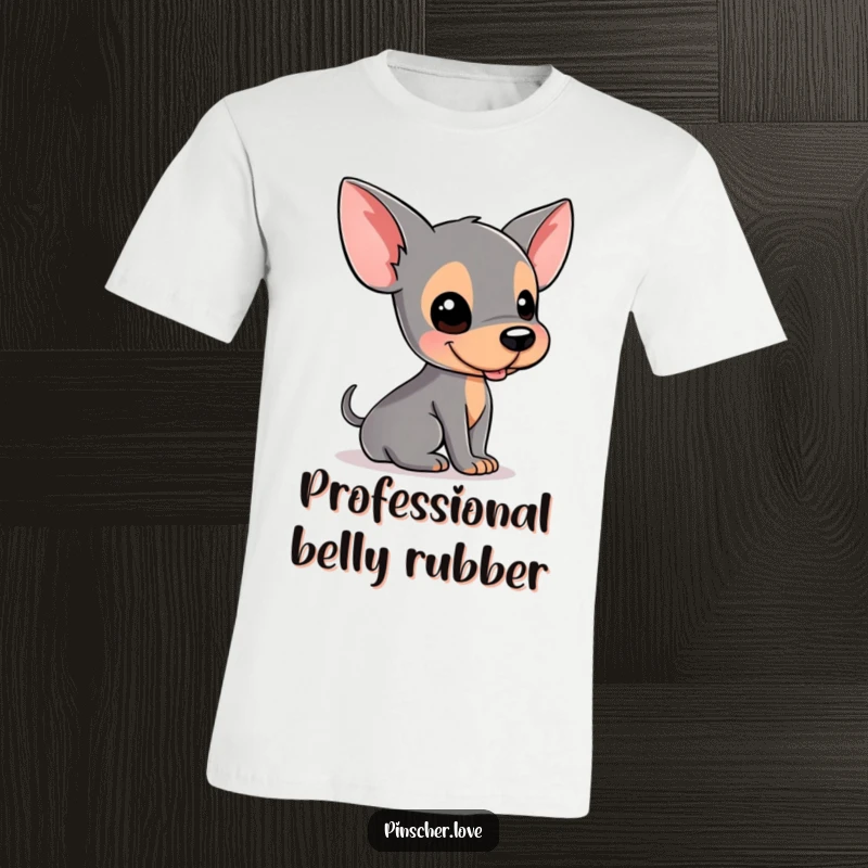 Funny Pinscher t-shirt featuring a cute dog rolling on its back with a happy, wiggly expression, perfect for dog lovers.