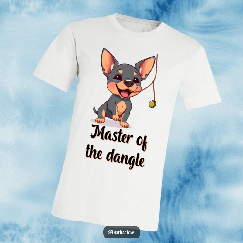 Funny Pinscher t-shirt depicting a Pinscher dog joyfully batting at a dangling, wobbly string.