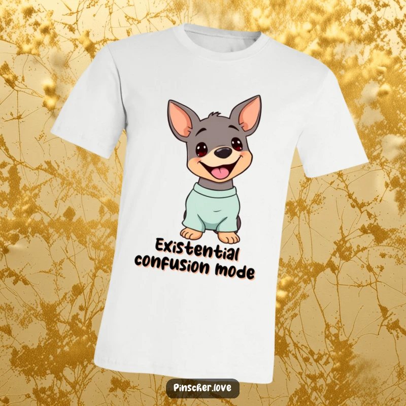 Funny Pinscher T-Shirt: A dog tilts its head adorably, panting happily, showcasing a comical and endearing expression.