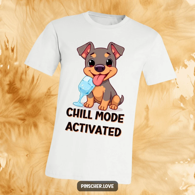 Funny t-shirt with a Pinscher happily panting, tongue out, relishing a refreshing ice cube for ultimate coolness.