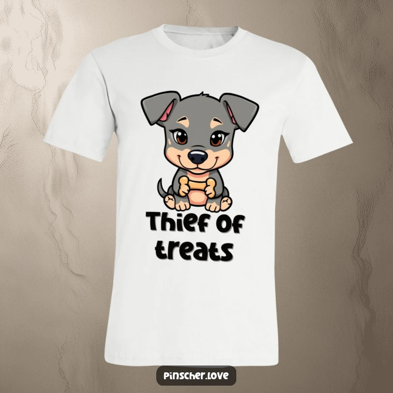 Funny Pinscher T-Shirt: A dog with a mischievous glint holds a tiny bone, embodying playful naughtiness.