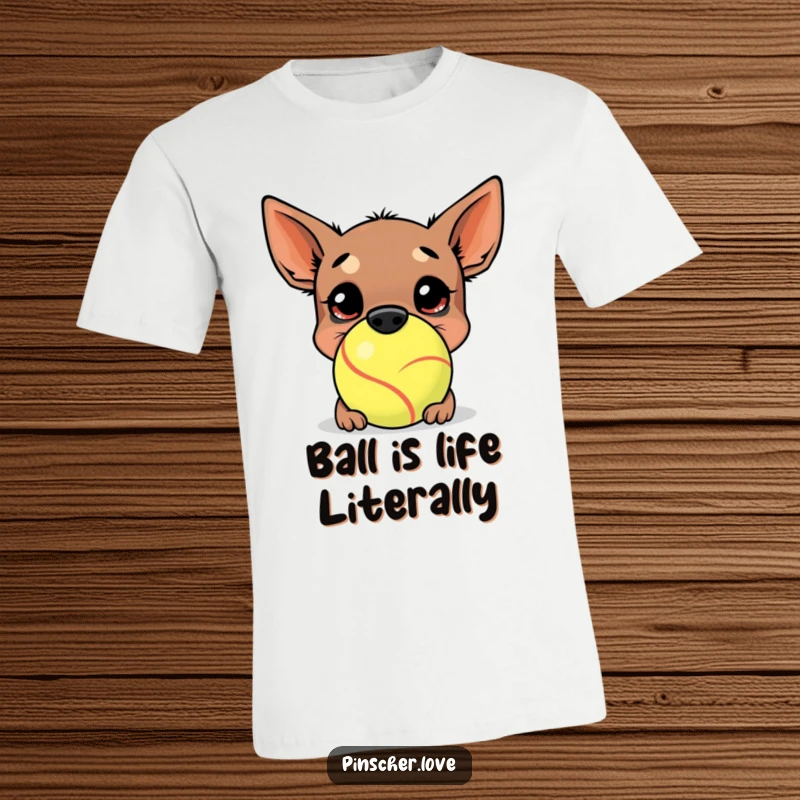 Funny Pinscher T-Shirt: A happy pinscher gleefully buries its nose into an enormous tennis ball, radiating pure, unadulterated playtime joy.