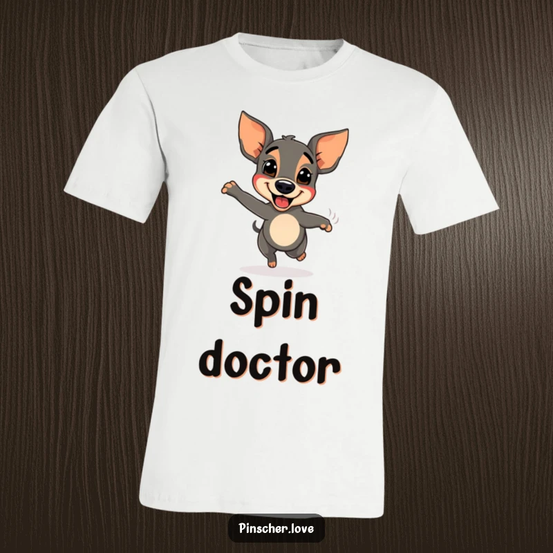 Funny Pinscher dog t-shirt, in a gleeful spin with its tail a blur, showcasing extreme happiness and energy.
