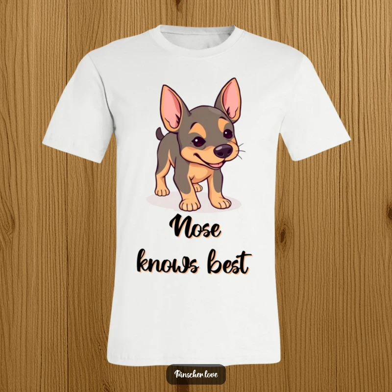 Funny Pinscher t-shirt, dog with a determined expression joyfully sniffing the ground, curious canine, perfect gift.
