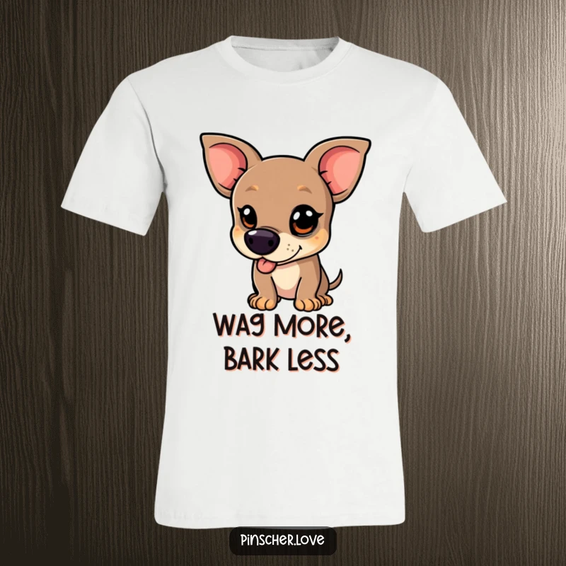 Funny Pinscher T-Shirt - A pinscher animal with a mischievous glint in its eye, wagging its tail vigorously, showcasing playful excitement and pure doggy happiness.