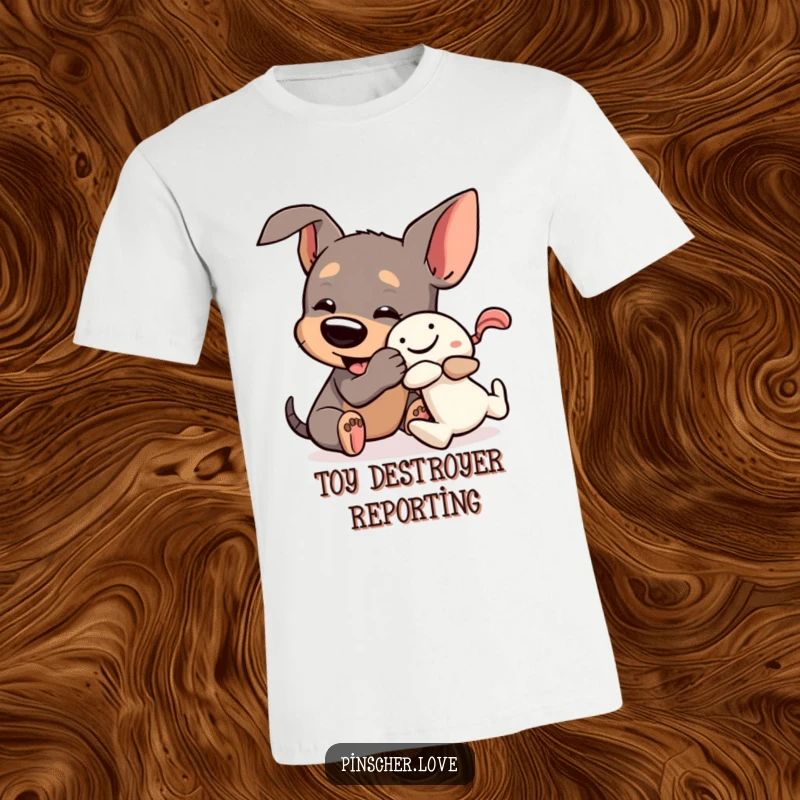 Funny Pinscher T-Shirt: A dog playfully tussles with a squeaky toy, highlighting its energetic and humorous playtime.