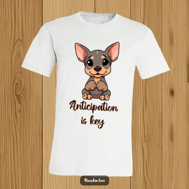 Funny t-shirt with a Pinscher sitting upright, paws clasped, wearing a goofy expression of pure anticipation.