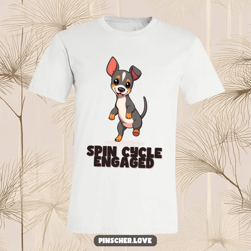 Funny Pinscher T-Shirt showing a dog mid-spin with a wagging tail, capturing pure canine happiness and humor.