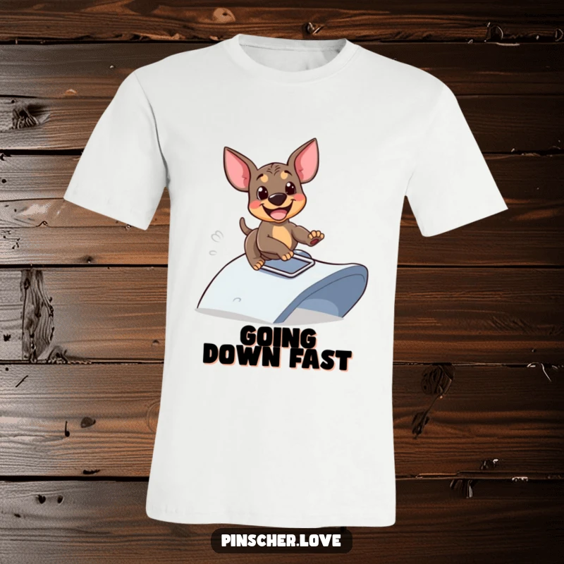 Funny T-shirt of a happy Pinscher dog sliding down a stylized ramp with glee, conveying pure fun and excitement, great funny gift.
