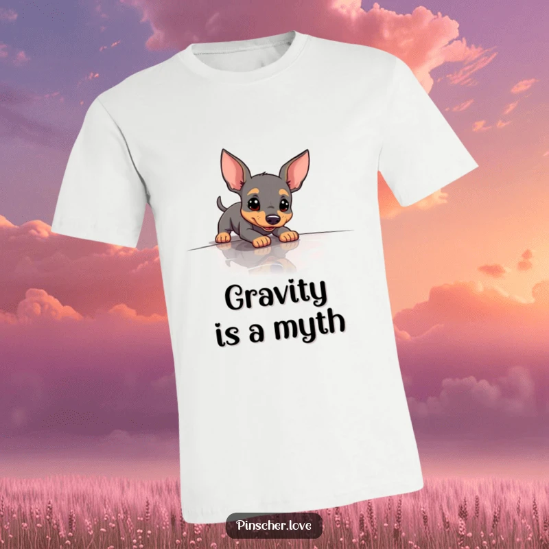 Funny Pinscher T-Shirt illustrating a dog comically slipping on a very slick, polished floor, mid-slide.