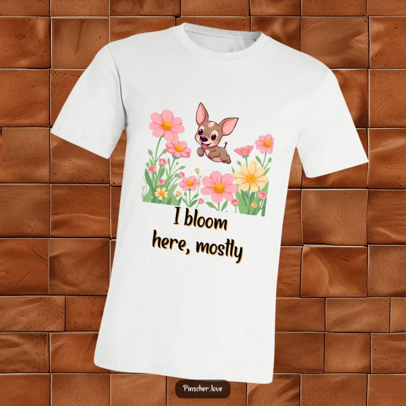 Funny Pinscher T-Shirt: A happy pinscher dog energetically leaps high amidst a whimsical field of oversized, blooming flowers, showcasing pure joy.