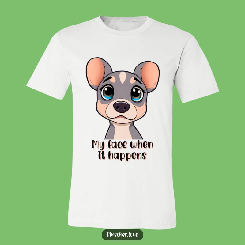 Funny Pinscher T-Shirt: Surprised dog character with wide eyes, a perfect funny gift for pet lovers.