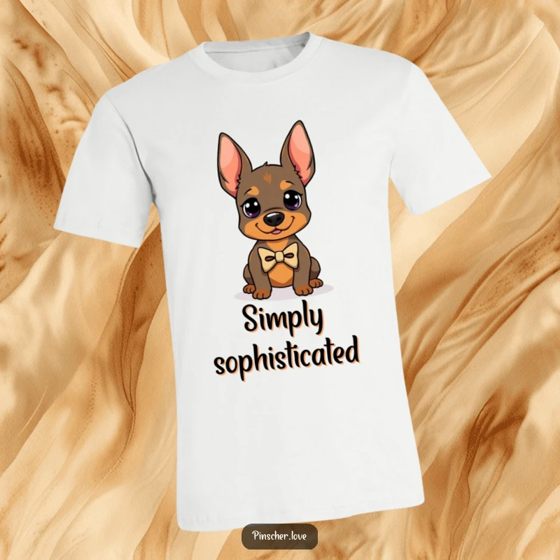 Funny T-shirt of a cute Pinscher dog in a tiny bowtie, posing proudly, sophisticated and humorous dog apparel, ideal funny gift.
