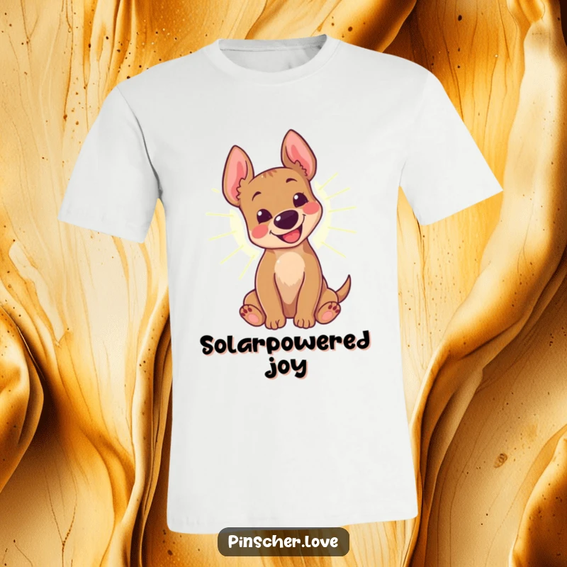 Funny Pinscher T-Shirt: A joyful pinscher dog lets out a happy bark while rolling playfully in a bright, warm sunbeam.
