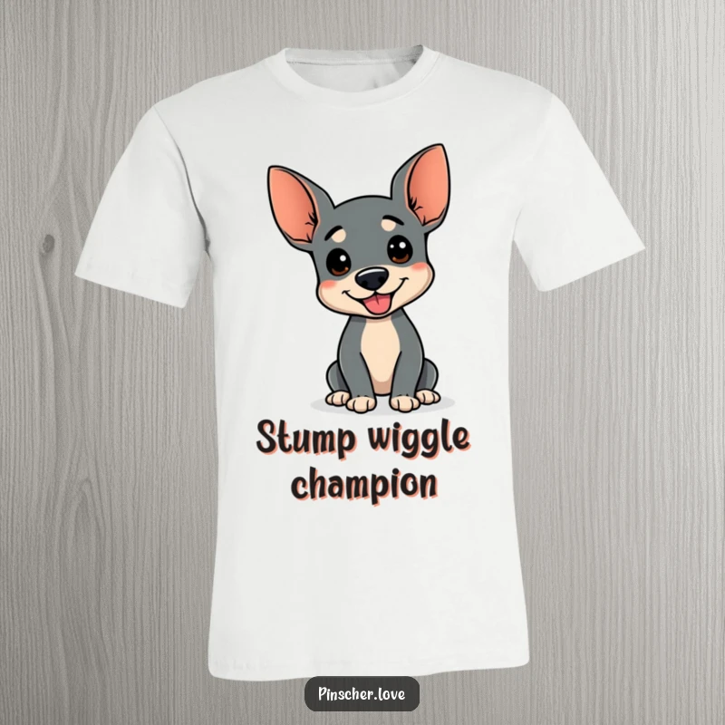 Funny T-shirt of a Pinscher dog with a wagging stump, doing a comical happy wiggle, conveying pure joy and infectious energy, great funny gift.