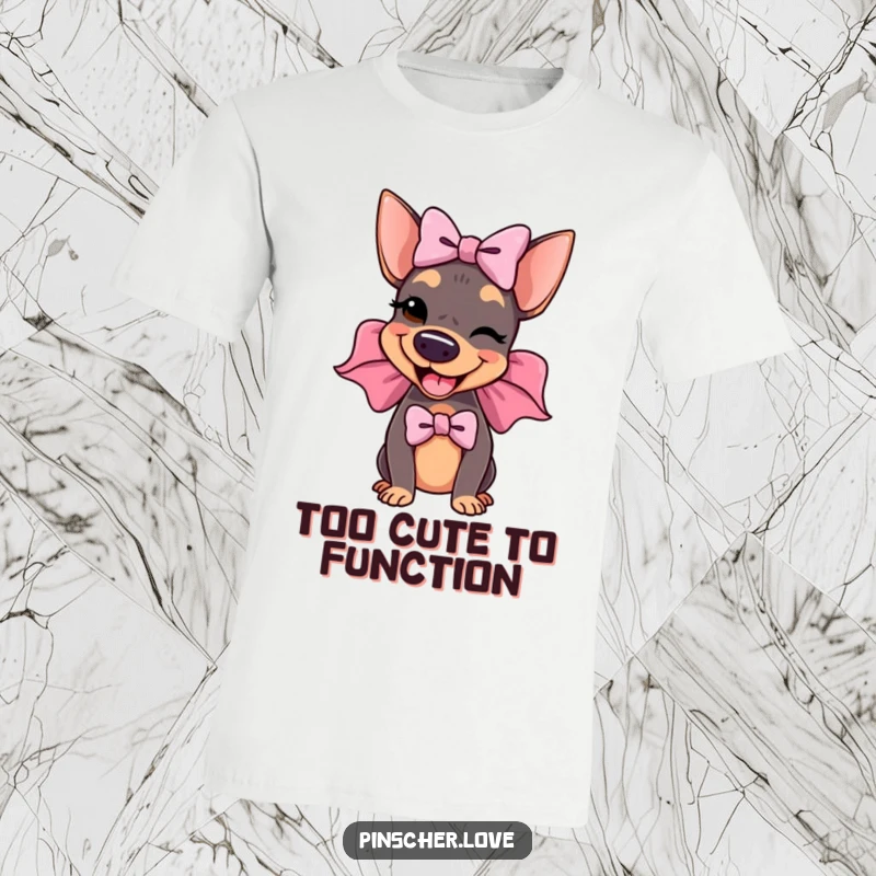 Funny Pinscher T-Shirt: A delighted pinscher sports a huge, floppy bow and winks, embodying a fun and fashionable canine spirit.