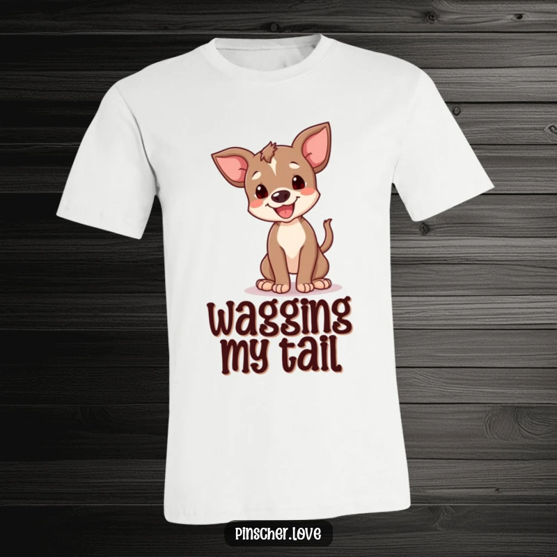 Funny happy pinscher cub t-shirt featuring a small dog spinning with its tail, radiating sheer happiness and playful energy.