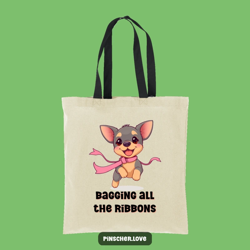 Funny Pinscher Puppy Ribbon Chase Tote Bag - Playful Pup Accessory, Gift