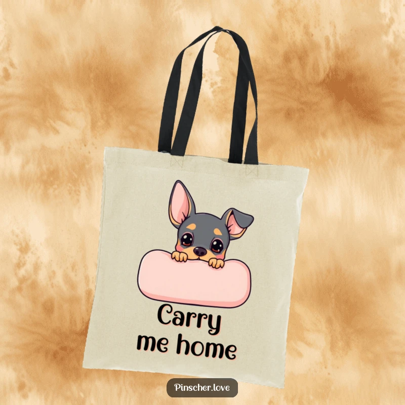 Funny Pinscher tote bag featuring a cute Pinscher dog peeking out from behind a soft cushion, hinting at playful secrets.