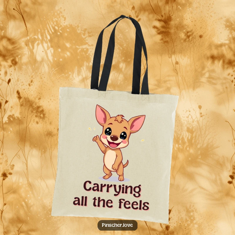 Funny Pinscher Tote Bag: A dog does a happy wiggle dance, showcasing pure joy and infectious, unbridled happiness.