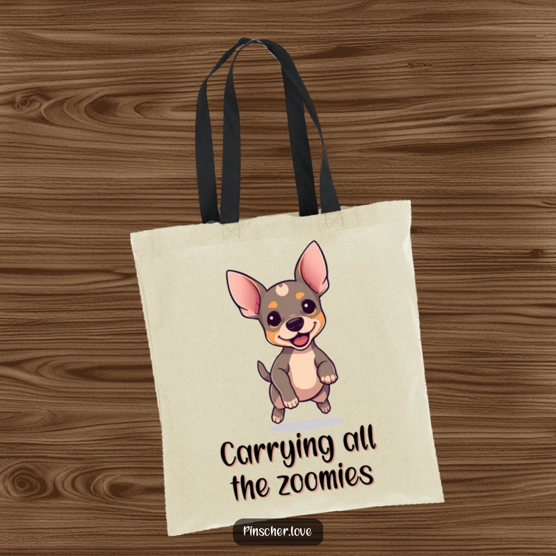 Funny Pinscher tote bag, durable canvas with perky ears dog bouncing with pure excitement, happy canine, gift idea.