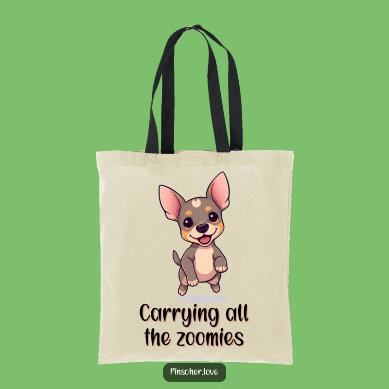 Funny Pinscher Tote Bag: Perky Ears Dog Bouncing - Carry Your Fun