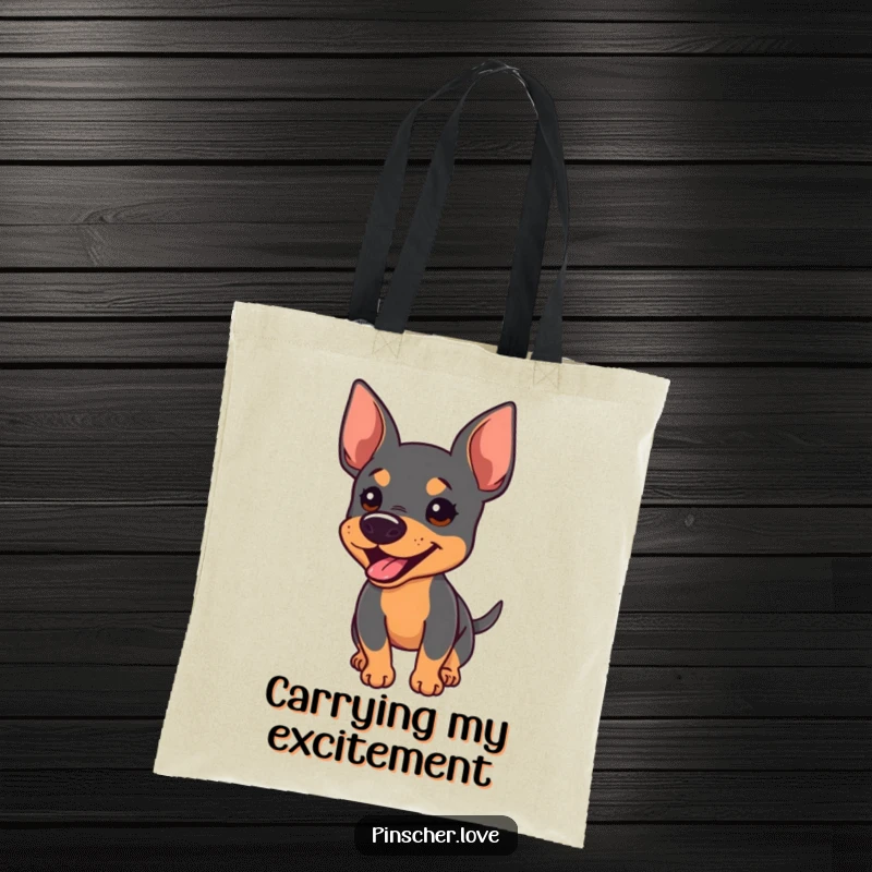 Funny tote bag showing an energetic Pinscher barking with perked ears and a furiously wagging tail, great for shoppers.