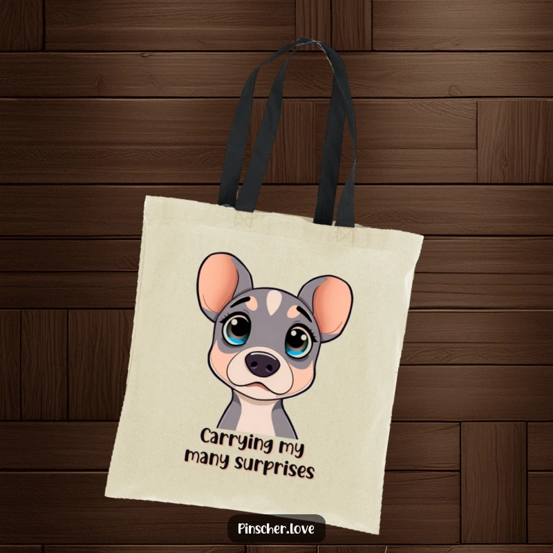 Funny tote bag with a surprised pinscher dog showing wide, curious eyes. Perfect for daily use.