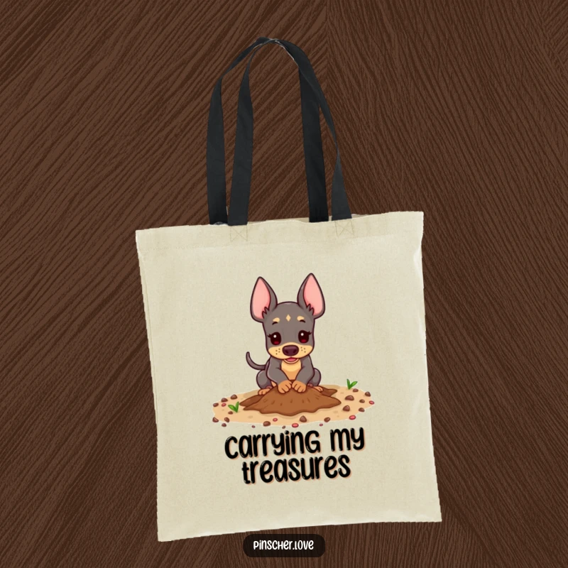 Funny Pinscher Tote Bag - A playful pinscher dog digging enthusiastically in the dirt, perfect for carrying your essentials with a touch of outdoor adventure and humor.