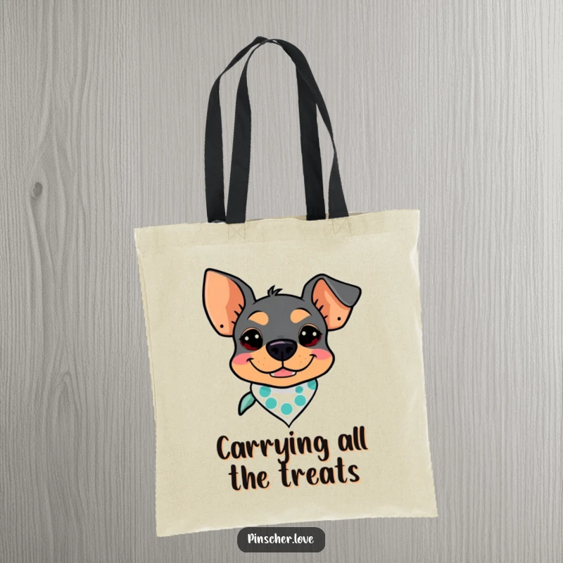 Funny Pinscher Tote Bag: A goofy Pinscher wearing a bandana, perfect for carrying essentials with canine charm.