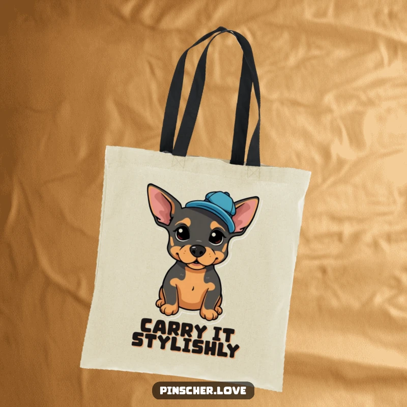 Funny tote bag featuring a proud Pinscher posing, wearing a tiny, jaunty cap tilted to the side.