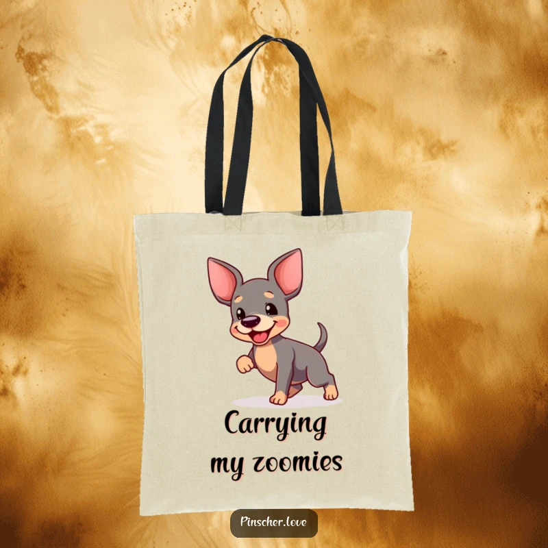 Funny Pinscher Dance Tote Bag: A cheerful pinscher dances with glee, its tail a streak of motion, symbolizing boundless canine happiness.