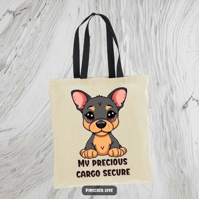 Funny Pinscher Tote Bag: An alert Pinscher guarding a plush toy, perfect for carrying items with humorous protection.