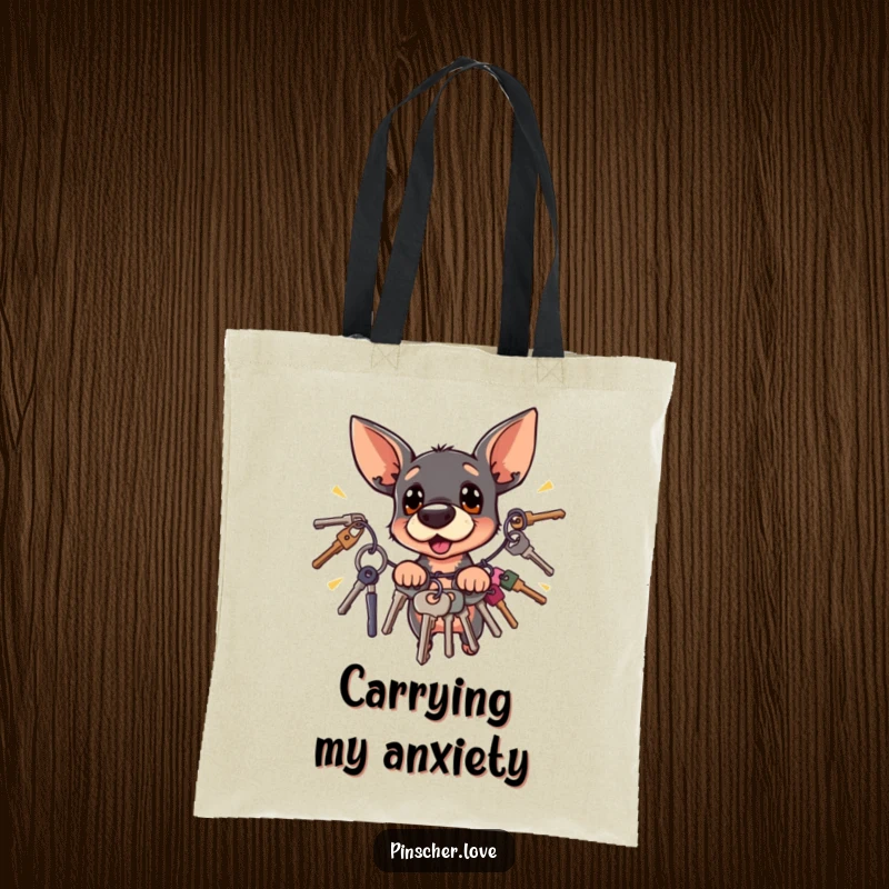 Funny Pinscher dog recoiling from jingling keys, printed on a durable tote bag.