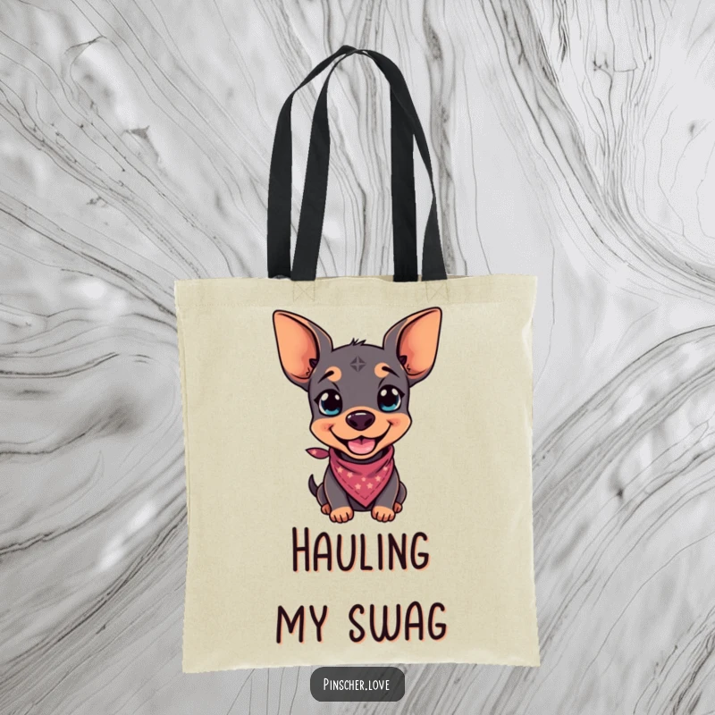 Funny tote bag showcasing a pinscher with a playful grin and a tiny bandana, perfect for stylish dog enthusiasts.