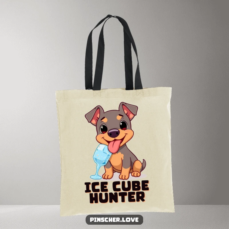 Funny tote bag with a happy Pinscher panting with its tongue out, enjoying a refreshing ice cube.