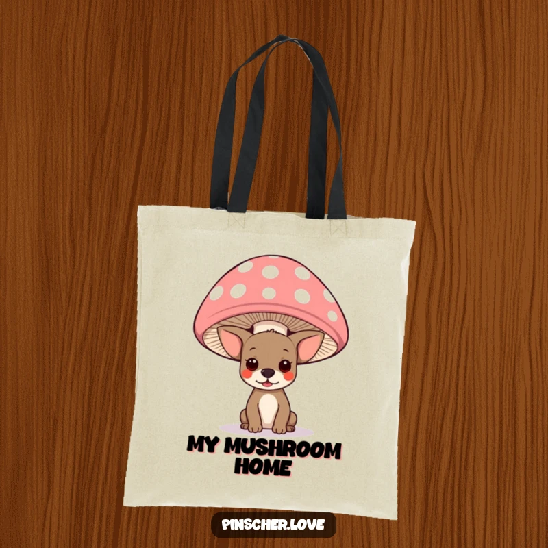 Funny pinscher dog peeking from under a giant polka-dotted mushroom on a tote bag, a whimsical and practical accessory