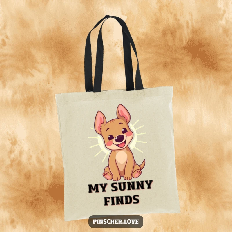 Funny Pinscher Tote Bag: A happy pinscher dog rolls gleefully in a sunbeam, letting out a happy bark.