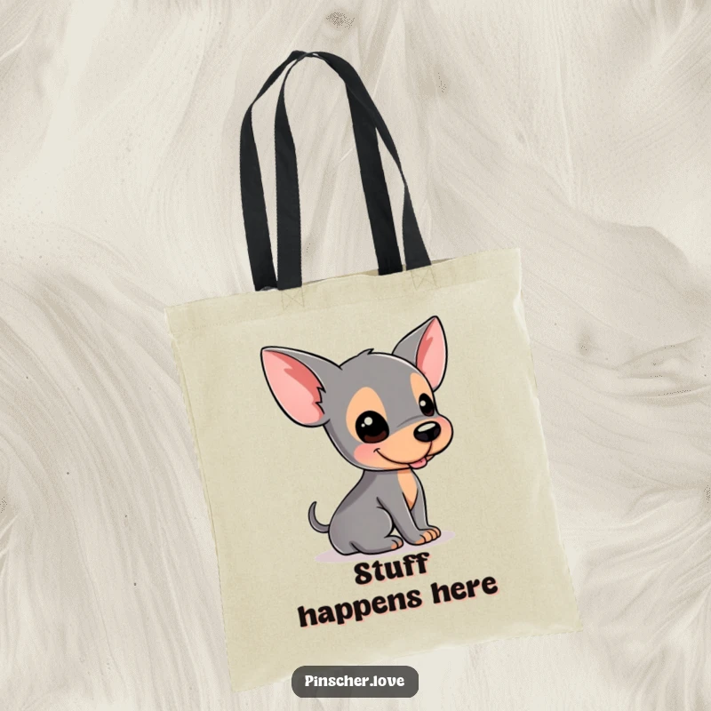 Funny Pinscher tote bag depicting a happy dog rolling on its back, an excellent accessory for dog lovers on the go.