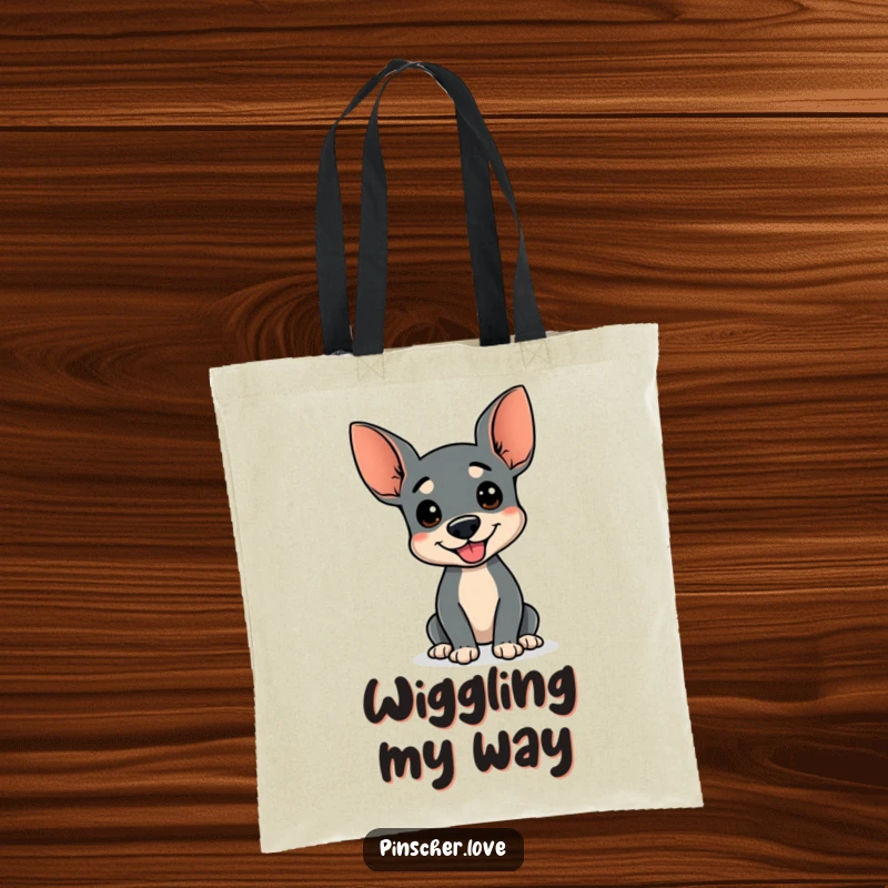 Funny tote bag with a Pinscher dog doing a happy wiggle, wagging stump, perfect for shopping and dog-themed humor lovers, great funny gift.
